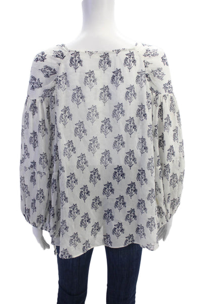 ALC Womens Long Sleeve V Neck Floral Silk Sheer Blouse White Navy Size 8
