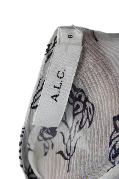 ALC Womens Long Sleeve V Neck Floral Silk Sheer Blouse White Navy Size 8