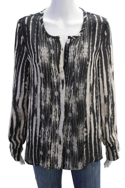Haute Hippie Womens Button Up Long Sleeve Silk Striped Shirt White Black Medium