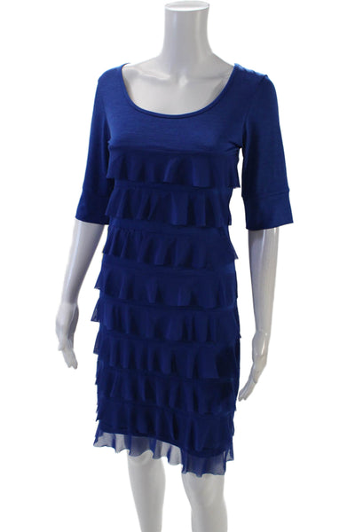 Isle Womens Azure Short Sleeve Sheer Ruffle Detail Mini Dress Blue Size XS