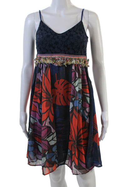 Desigual Womens Floral Print Sleeveless V-Neck Mini Dress Blue Size 36