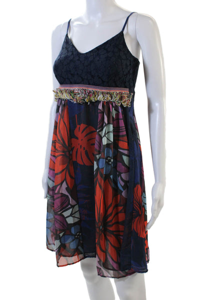 Desigual Womens Floral Print Sleeveless V-Neck Mini Dress Blue Size 36