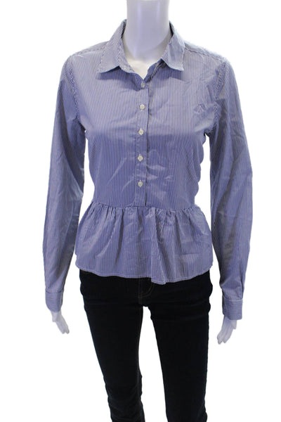 Birds of Paradis Womens Cotton Long Sleeve Button Stripe Blouse Blue Size XS