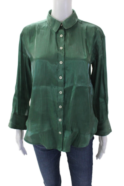 Anthropologie Womens Long Sleeve Collar Button Up Blouse Green Size 2XS