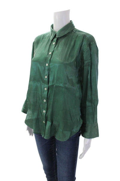 Anthropologie Womens Long Sleeve Collar Button Up Blouse Green Size 2XS