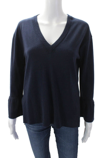 J Crew Womens Merino Wool Pullover V-Neck Side Split Knit Sweater Blue Size S