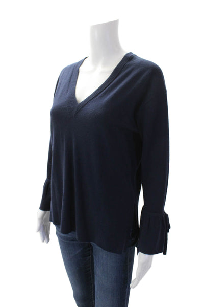 J Crew Womens Merino Wool Pullover V-Neck Side Split Knit Sweater Blue Size S