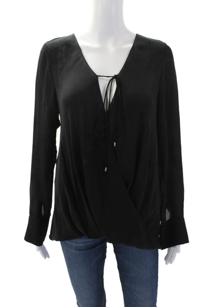 Derek Lam 10 Crosby Womens Silk Sheer Deep V-Neck Draped Blouse Black Size 4