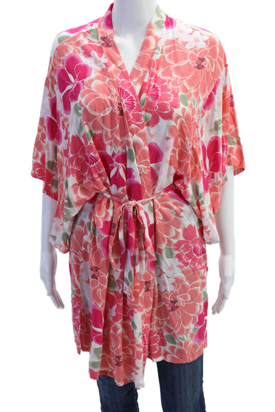 Josie Natori Womens Short Sleeve V Neck Floral Wrap Blouse Peach Multi Medium