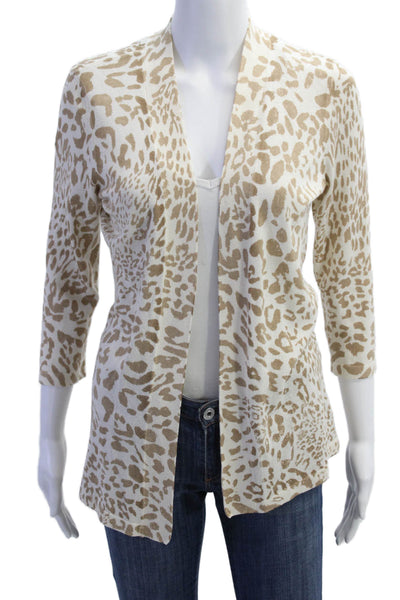 Magaschoni Womens Open Front Leopard Print Cardigan Sweater White Brown Small