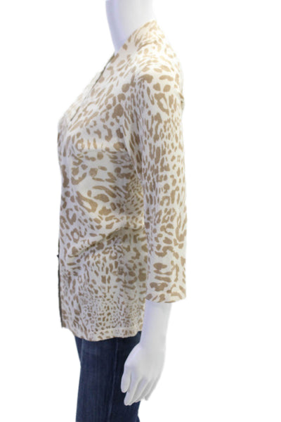 Magaschoni Womens Open Front Leopard Print Cardigan Sweater White Brown Small