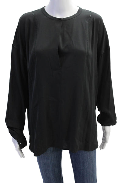 Vince Womens Silk Long Sleeve V Neck Embroidered Trim Blouse Black Size 12