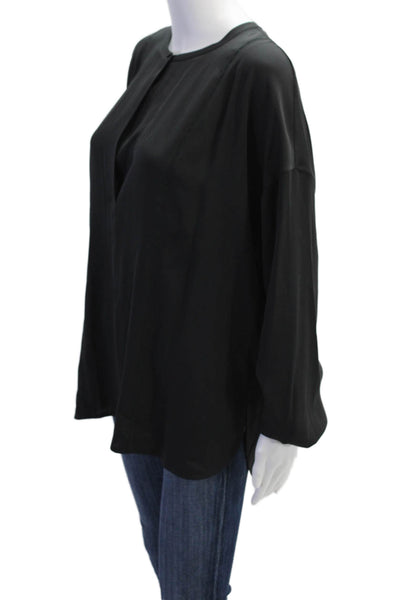 Vince Womens Silk Long Sleeve V Neck Embroidered Trim Blouse Black Size 12