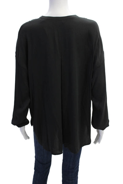 Vince Womens Silk Long Sleeve V Neck Embroidered Trim Blouse Black Size 12