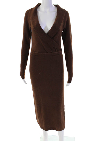 Lacademie Womens Wool Long Sleeve V-neck Collar Thick Knit Sweater Brown Size M