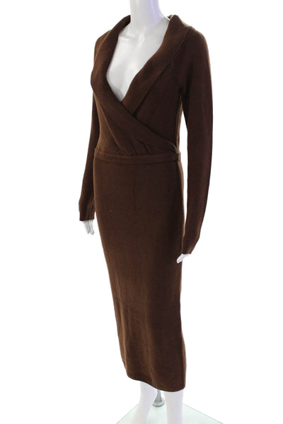 Lacademie Womens Wool Long Sleeve V-neck Collar Thick Knit Sweater Brown Size M