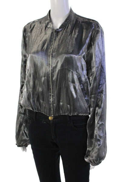 Zara Womens Textured Round Neck Long Sleeve Metallic Zip Jacket Silver Size M