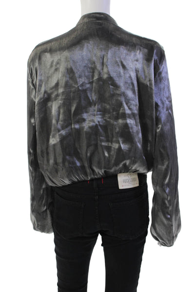 Zara Womens Textured Round Neck Long Sleeve Metallic Zip Jacket Silver Size M