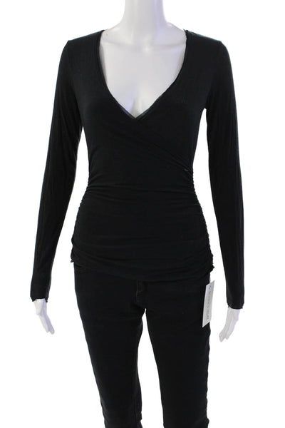 Elie Tahari Womens Long Sleeve V Neck Gathered Top Black Size XS