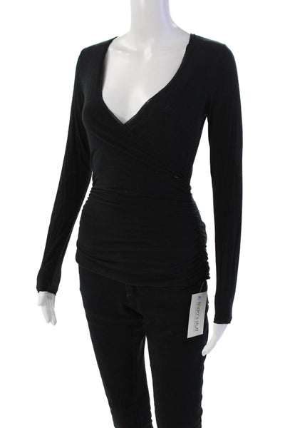 Elie Tahari Womens Long Sleeve V Neck Gathered Top Black Size XS