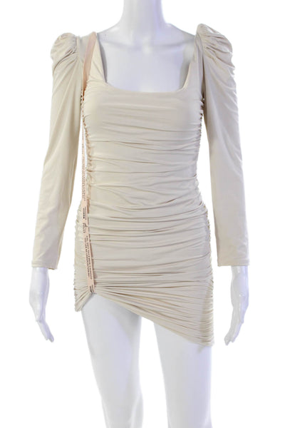 Oh Polly Womens Stretch Ruched Square Neck Long Sleeve Mini Dress Beige Size 10