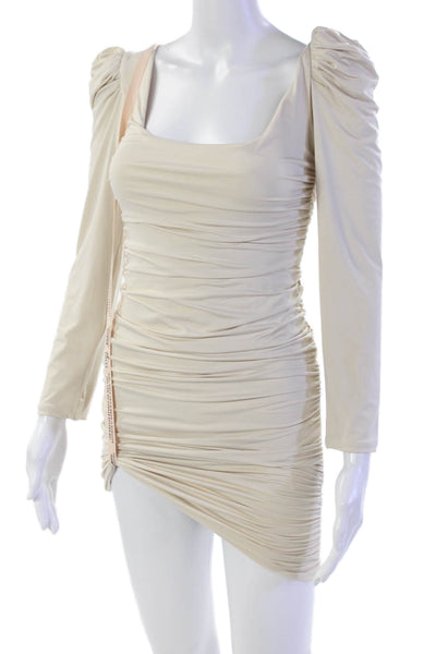 Oh Polly Womens Stretch Ruched Square Neck Long Sleeve Mini Dress Beige Size 10