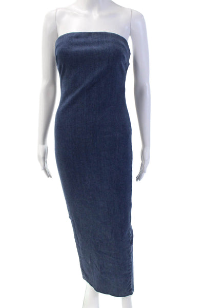 Zara Womens Back Zip Strapless Fringe Midi Denim Sheath Dress Blue Size Small