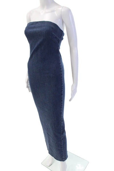 Zara Womens Back Zip Strapless Fringe Midi Denim Sheath Dress Blue Size Small
