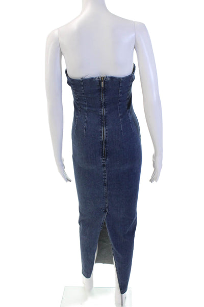 Zara Womens Back Zip Strapless Fringe Midi Denim Sheath Dress Blue Size Small