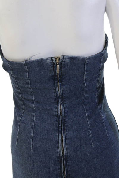 Zara Womens Back Zip Strapless Fringe Midi Denim Sheath Dress Blue Size Small
