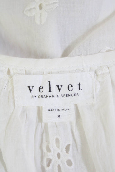 Velvet by Graham & Spencer Womens Eyelet V Neck Shirt White Cotton Size Small