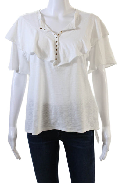 Nation LTD Womens Ruffled Half Button Down Shirt White Cotton Size Medium