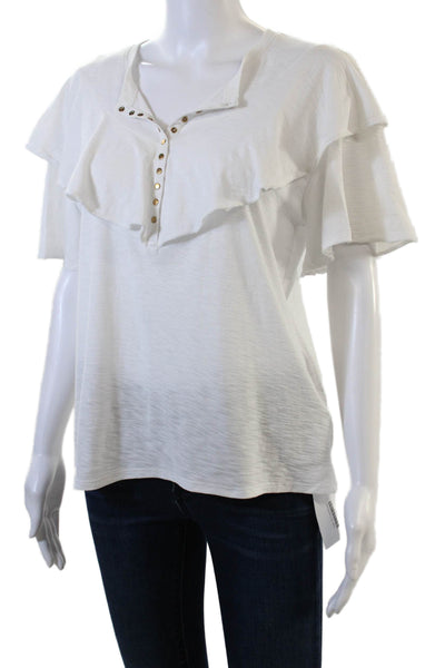 Nation LTD Womens Ruffled Half Button Down Shirt White Cotton Size Medium