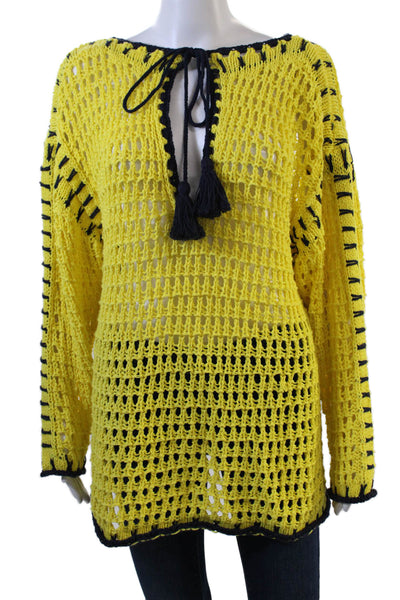 Zara Womens Long Sleeve Keyhole Open Knit Sweater Yellow Navy Cotton Size Small