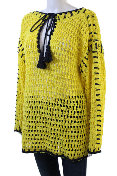 Zara Womens Long Sleeve Keyhole Open Knit Sweater Yellow Navy Cotton Size Small