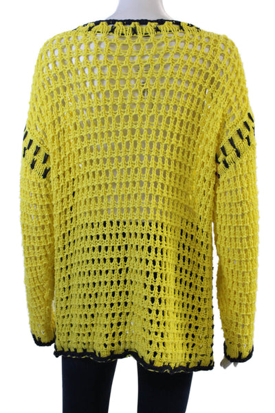 Zara Womens Long Sleeve Keyhole Open Knit Sweater Yellow Navy Cotton Size Small