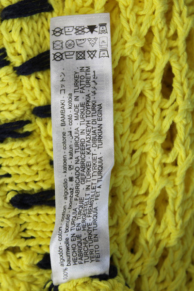 Zara Womens Long Sleeve Keyhole Open Knit Sweater Yellow Navy Cotton Size Small