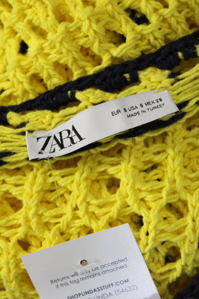 Zara Womens Long Sleeve Keyhole Open Knit Sweater Yellow Navy Cotton Size Small