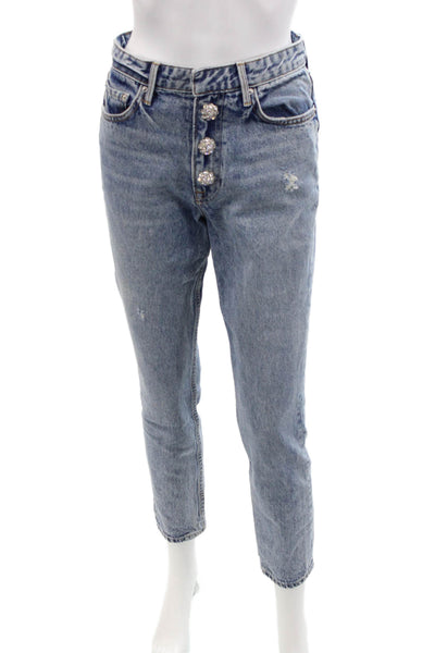 Grlfrnd Womens Crystal Button Fly Distressed Straight Leg Jeans Blue Size 25