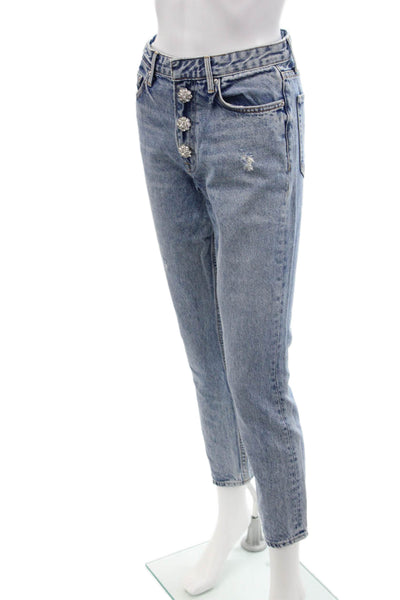 Grlfrnd Womens Crystal Button Fly Distressed Straight Leg Jeans Blue Size 25