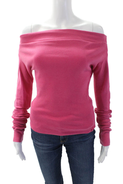 We The Free Womens Cotton Scoop Neck Long Sleeve Rib Knit Top Pink Size S