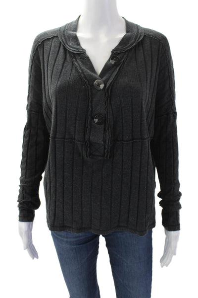 We The Free Womens Cotton Long Sleeve V-neck Button Lined Top Gray Size XS