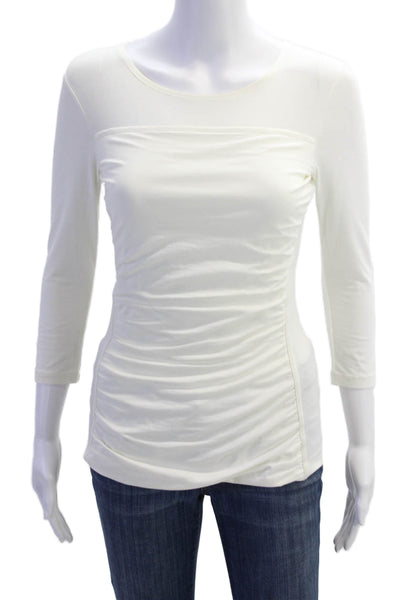 Theory Womens Ruched Pattern Quarter Sleeve Round Neck Blouse Top White Size S
