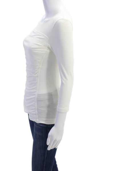 Theory Womens Ruched Pattern Quarter Sleeve Round Neck Blouse Top White Size S