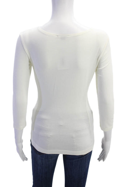 Theory Womens Ruched Pattern Quarter Sleeve Round Neck Blouse Top White Size S
