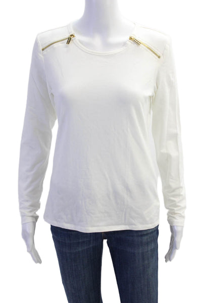 Michael Michael Kors Womens Zip Short Sleeve Round Neck Top White Size M