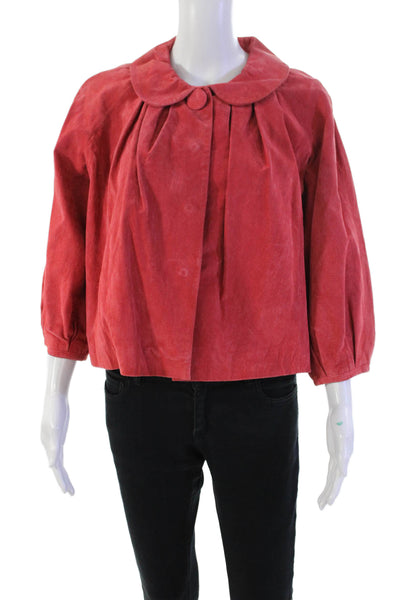 Designer Womens Suede Button Down Pleated Cropped Jacket Salmon Pink Size Large