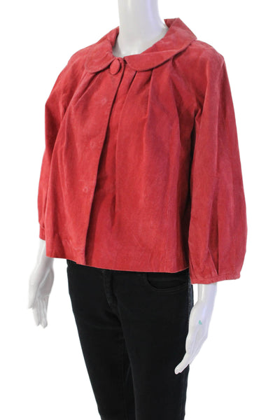 Designer Womens Suede Button Down Pleated Cropped Jacket Salmon Pink Size Large