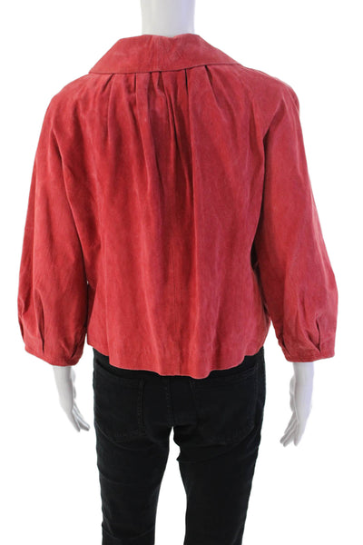 Designer Womens Suede Button Down Pleated Cropped Jacket Salmon Pink Size Large