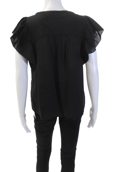 Lilla P Womens Ruffled Short Sleeves Tee Shirt Black Cotton Size Small